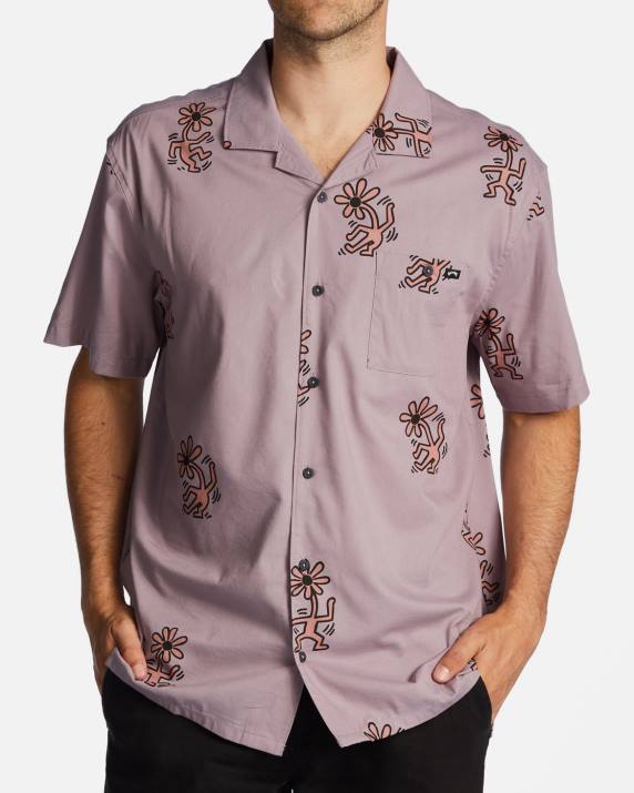 Men Grey Violet Billabong Keith Haring Flower Dance Vacay Short Sleeve Shirt 80P8219