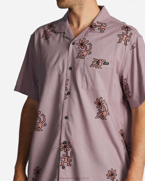 Men Grey Violet Billabong Keith Haring Flower Dance Vacay Short Sleeve Shirt 80P8219