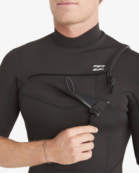 Men Black Billabong 2/2mm Absolute Short Sleeve Chest Zip Springsuit 80P8890