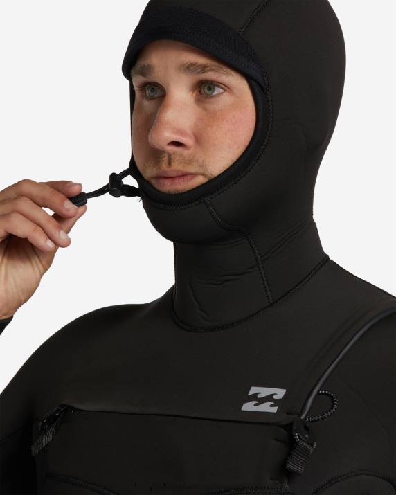 Men Black Billabong 5/4 Absolute Chest Zip Hooded Wetsuit 80P8880