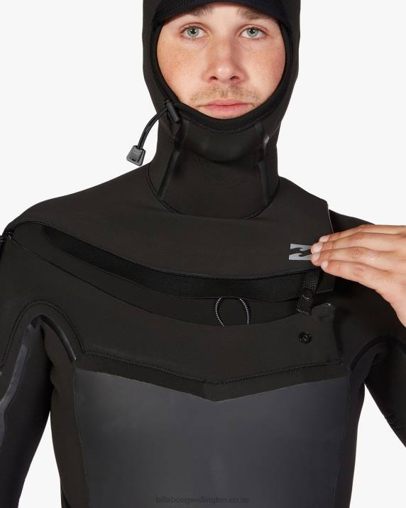 Men Black Billabong 5/4 Absolute Plus Chest Zip Hooded Full Wetsuit 80P8874