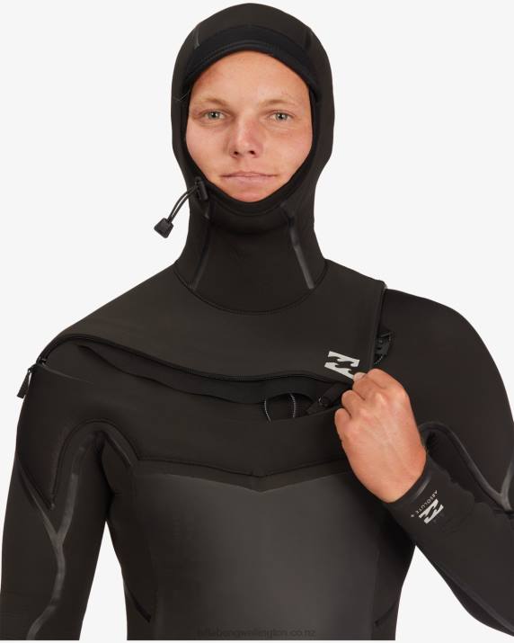 Men Black Billabong 5/4 Absolute Plus Chest Zip Hooded Full Wetsuit 80P8874