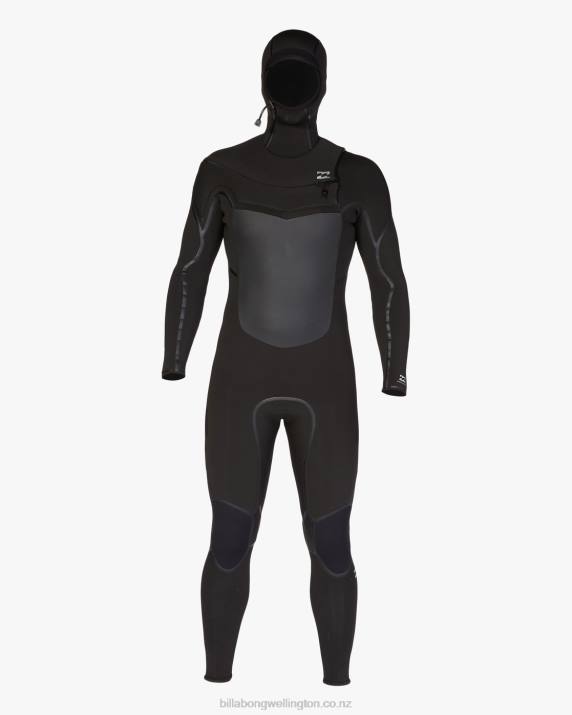Men Black Billabong 5/4 Absolute Plus Chest Zip Hooded Full Wetsuit 80P8874