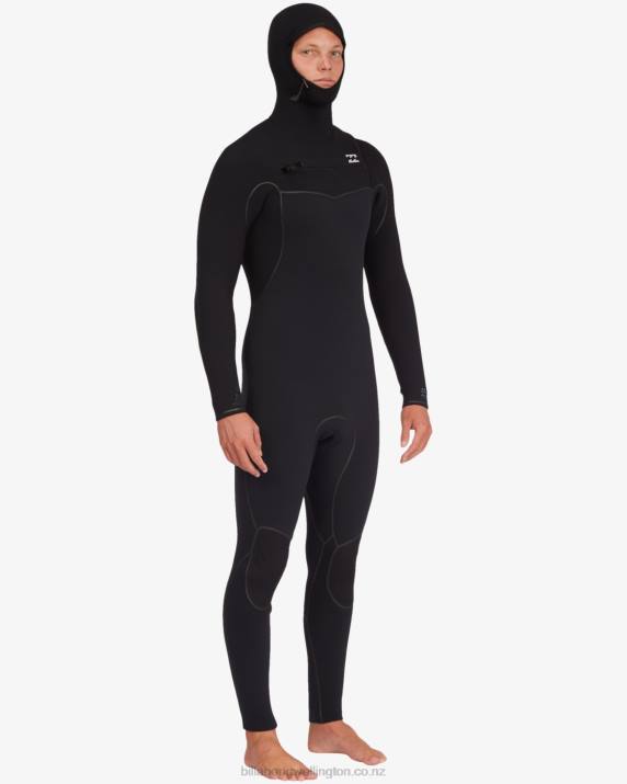 Men Black Billabong 5/4 Furnace Hooded Chest Zip Full Wetsuit 80P8873