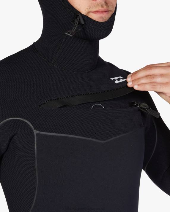 Men Black Billabong 5/4 Furnace Hooded Chest Zip Full Wetsuit 80P8873