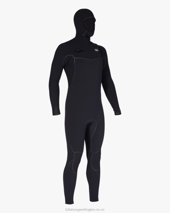 Men Black Billabong 5/4 Furnace Hooded Chest Zip Full Wetsuit 80P8873