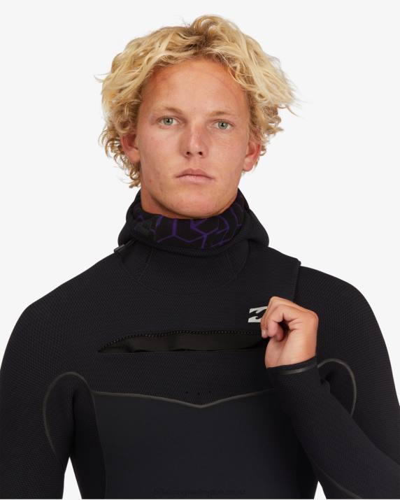 Men Black Billabong 5/4 Furnace Hooded Chest Zip Full Wetsuit 80P8873