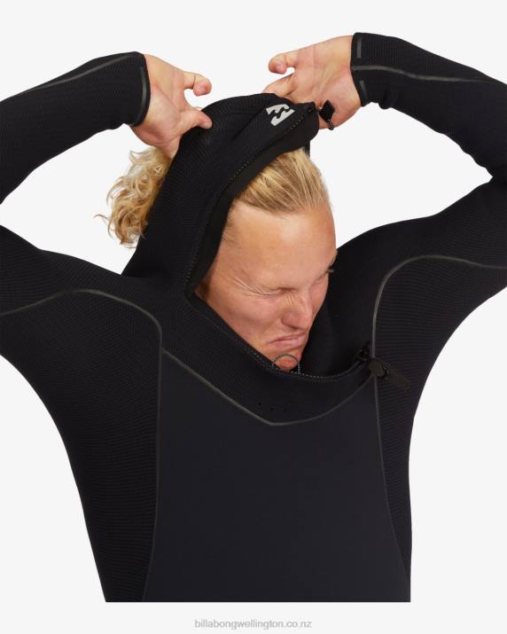 Men Black Billabong 5/4 Furnace Hooded Chest Zip Full Wetsuit 80P8873