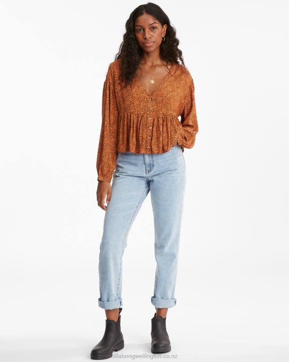 Women Toffee Billabong Easy Street Long Sleeve Blouse 80P82333