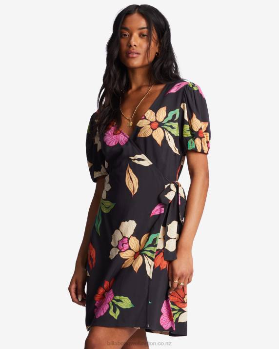 Women Black Pebble Billabong Hot Tropics Mini Wrap Dress 80P82183