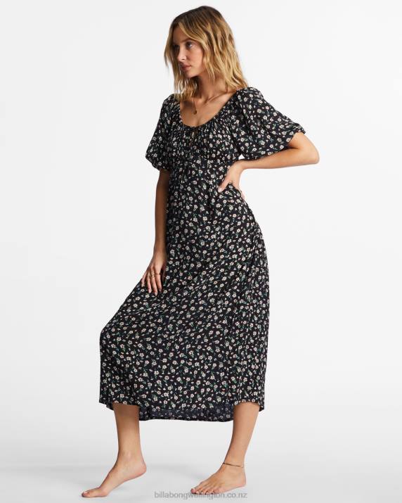 Women Black Pebble Billabong True Romance Midi Dress 80P82181
