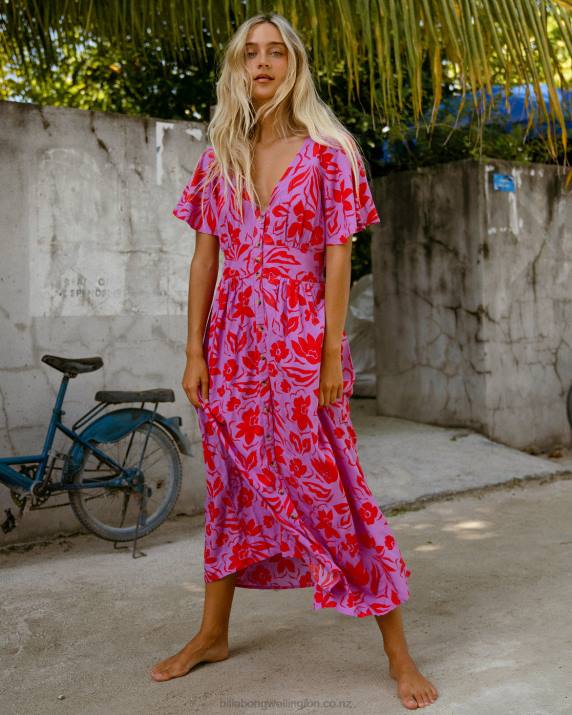 Women Bright Orchid Billabong Floral Dream Midi Dress 80P81940