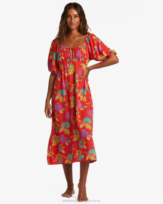 Women Bright Poppy Billabong True Romance Midi Dress 80P82108