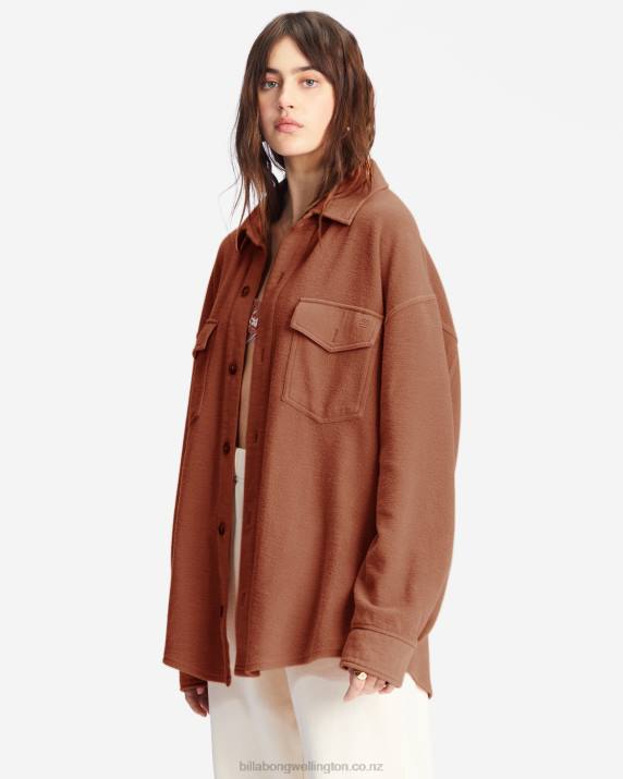 Women Sweet Chocolate Billabong Anytime Shacket Oversized Button-Through Jacket 80P82224
