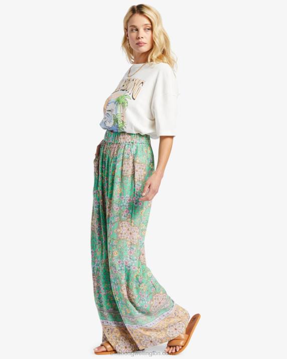 Women Green Billabong La Mer Wide Leg Pants 80P81900