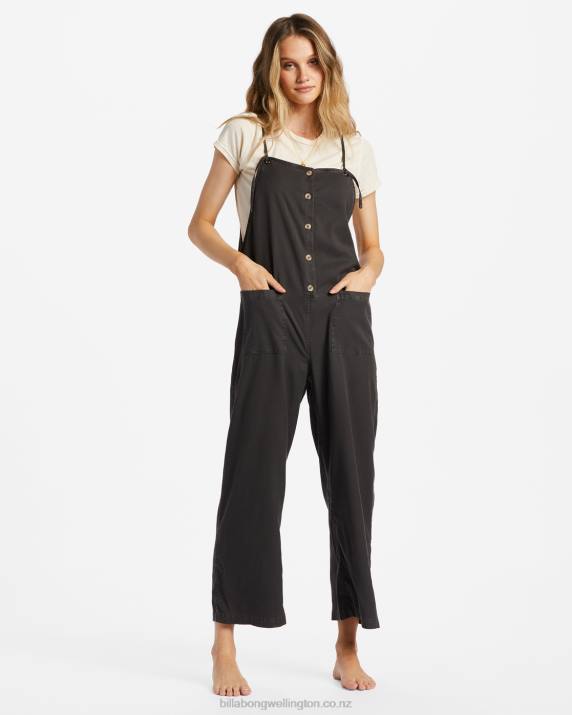 Women Off Black Billabong Beach Cruiser Wide-Leg Overalls 80P81750
