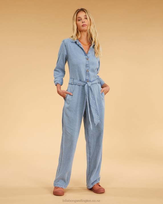 Women Salty Blue Billabong Salty Blonde Sunday Uniform Long Sleeve Jumpsuit 80P82319