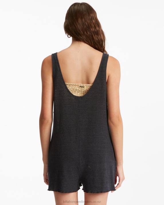 Women Off Black Billabong Fade Away Button-Up Knit Romper 80P81694