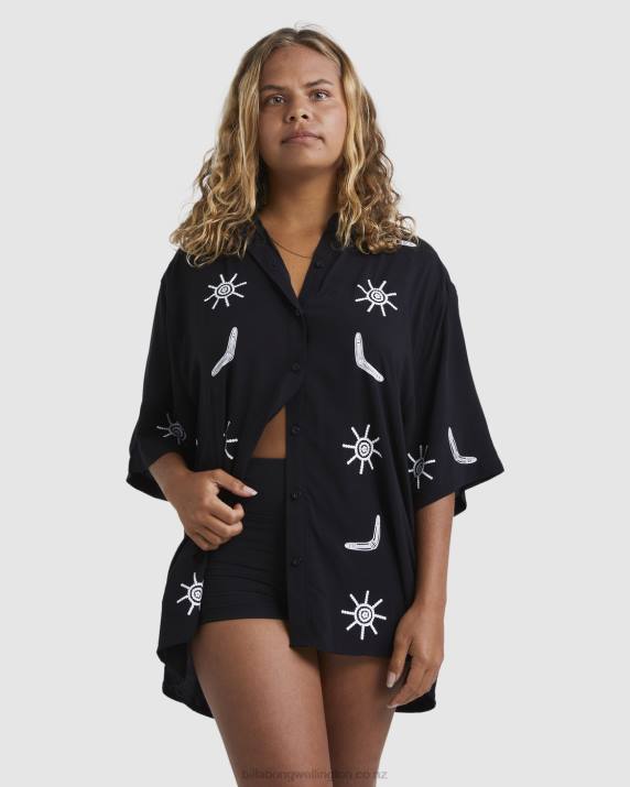 Women Black Billabong Otis Boomerang Short Sleeve Shirt 80P81992