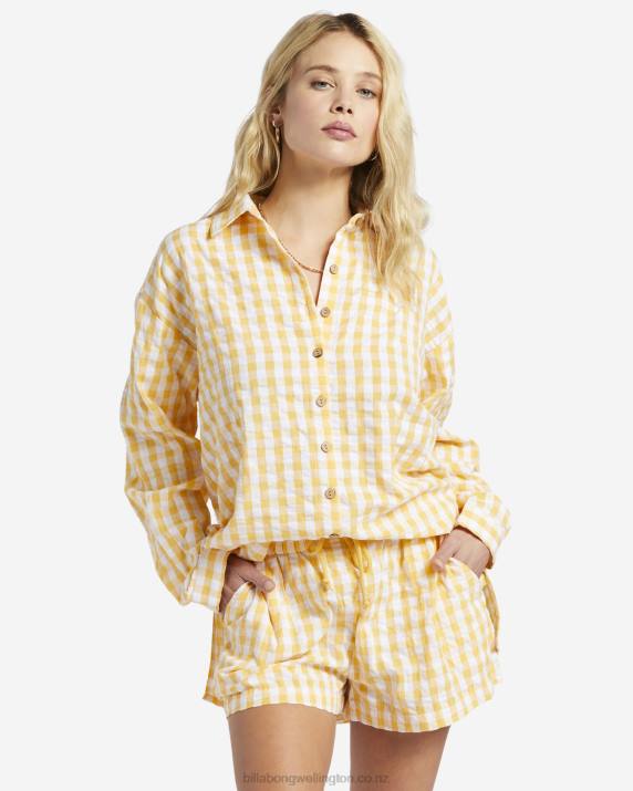 Women Gold Billabong Sunshine Check Long Sleeve Shirt 80P81898