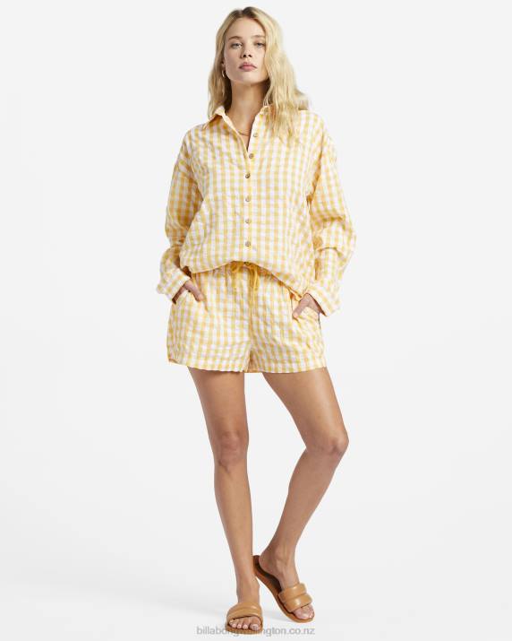 Women Gold Billabong Sunshine Check Long Sleeve Shirt 80P81898