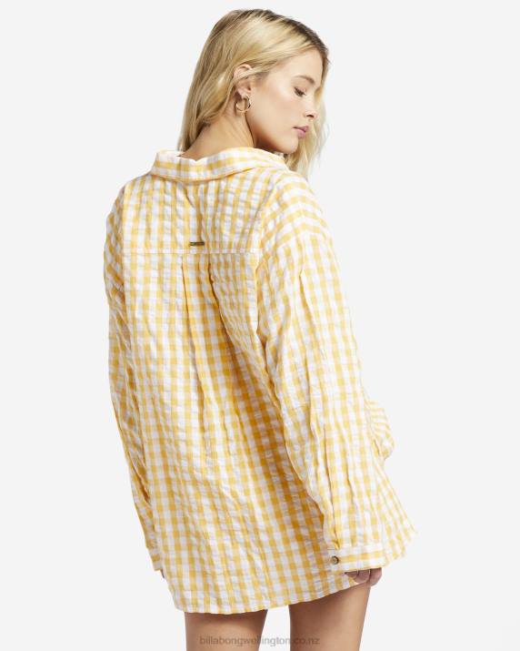 Women Gold Billabong Sunshine Check Long Sleeve Shirt 80P81898