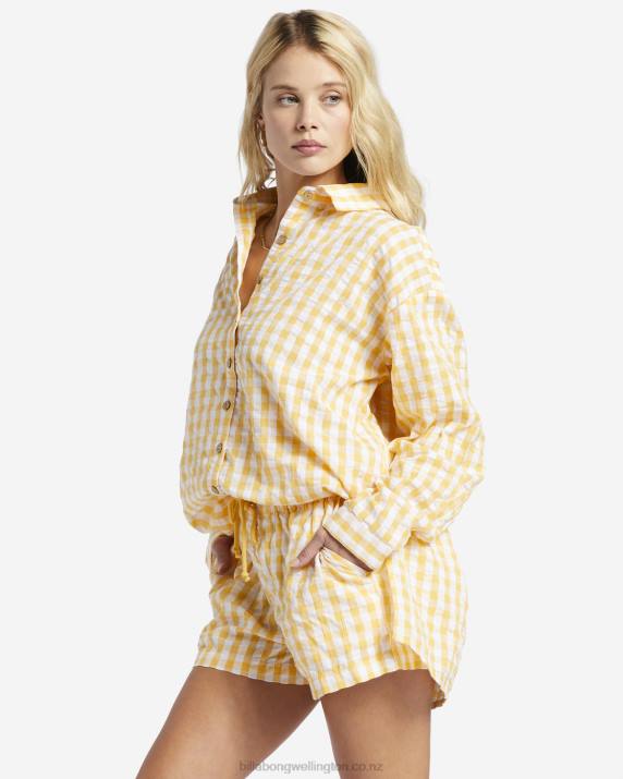 Women Gold Billabong Sunshine Check Long Sleeve Shirt 80P81898