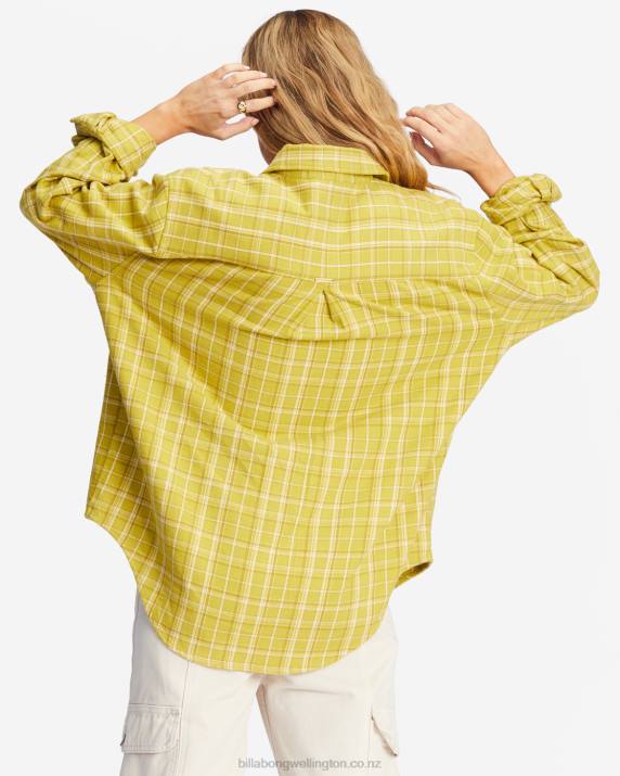 Women Green Envy Billabong So Stoked Oversized Button-Down Flannel Shirt 80P82226