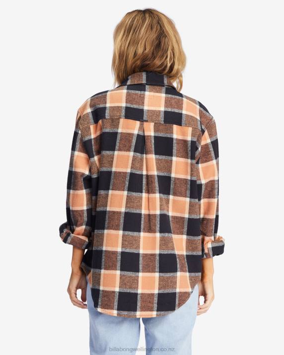 Women Tan Billabong So Stoked Oversized Button-Down Flannel Shirt 80P82217