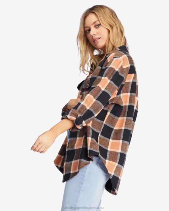Women Tan Billabong So Stoked Oversized Button-Down Flannel Shirt 80P82217