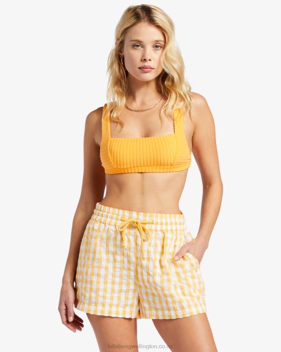 Women Gold Billabong Day Tripper Sunshine Check Elastic Shorts 80P81896