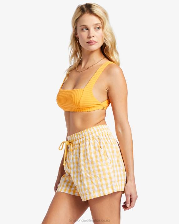 Women Gold Billabong Day Tripper Sunshine Check Elastic Shorts 80P81896