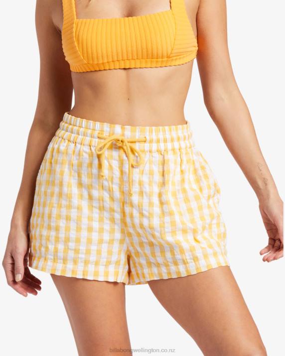 Women Gold Billabong Day Tripper Sunshine Check Elastic Shorts 80P81896