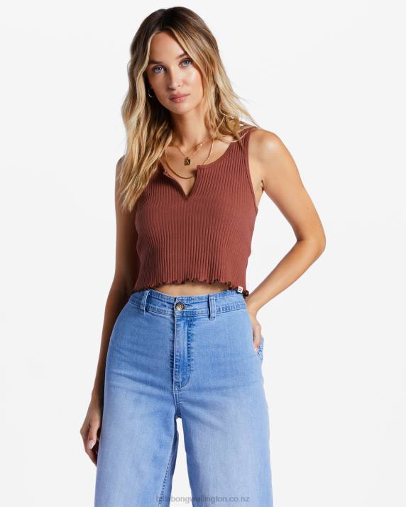 Women Mocha Billabong Notch Tank Ribbed Tank Top 80P82025