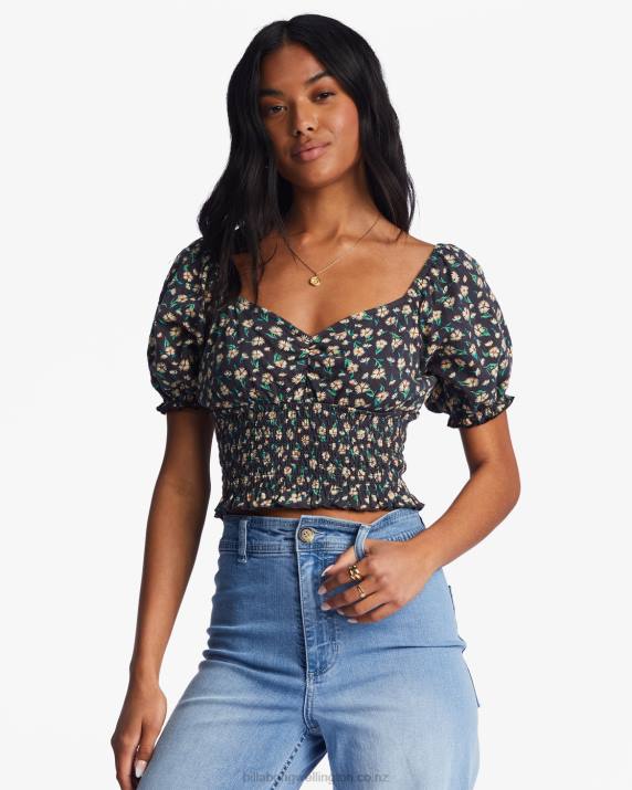 Women Black Pebble Billabong Love Song Puff Sleeve Top 80P82199