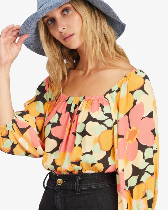 Women Multi Billabong Sun City 2 Puff Sleeve Crop Top 80P82253