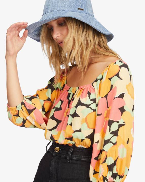 Women Multi Billabong Sun City 2 Puff Sleeve Crop Top 80P82253