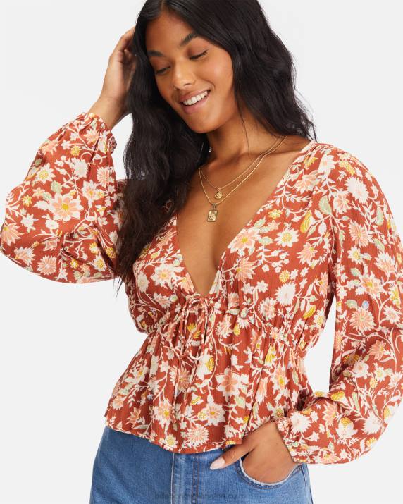 Women Red Clay Billabong Time Goes By Long Sleeve Crop Top 80P82274