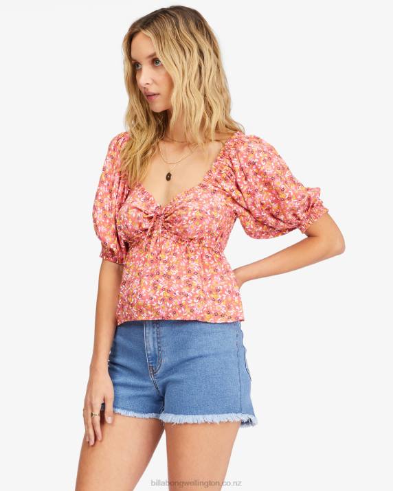 Women Vintage Coral Billabong Beachy Babe Puff Sleeve Crop Top 80P82257