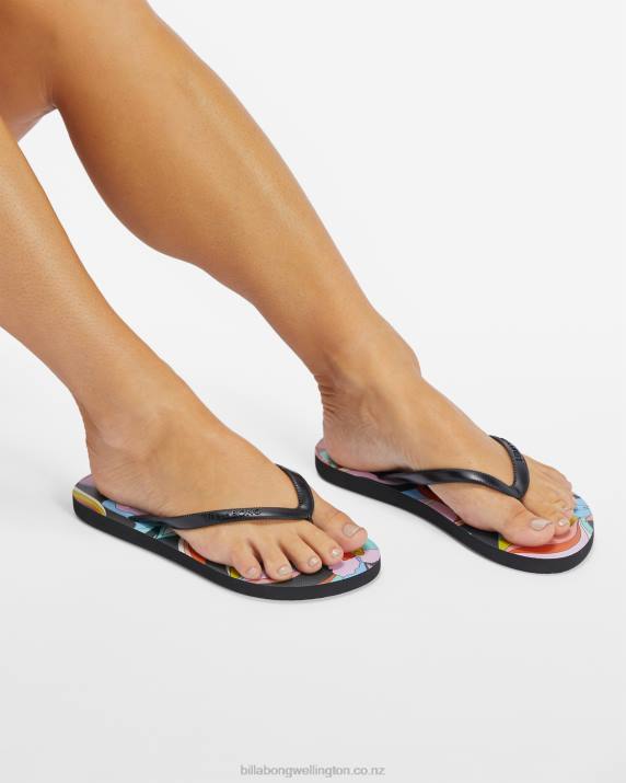 Women Black Multi Billabong Dama Rubber Flip Flop Sandals 80P82536