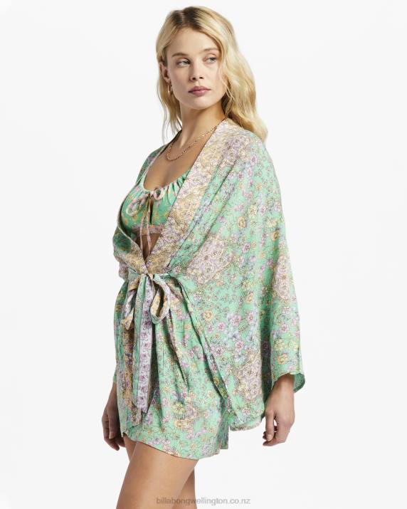 Women Green Billabong Loveland 2 Kimono Beach Cover Up 80P81346